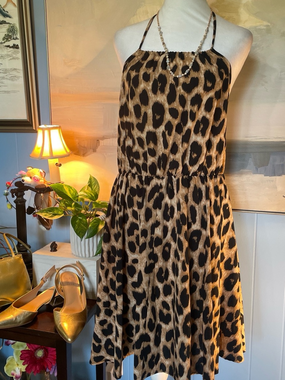 Leopard Print Halter Midi Dress in Brown and Black